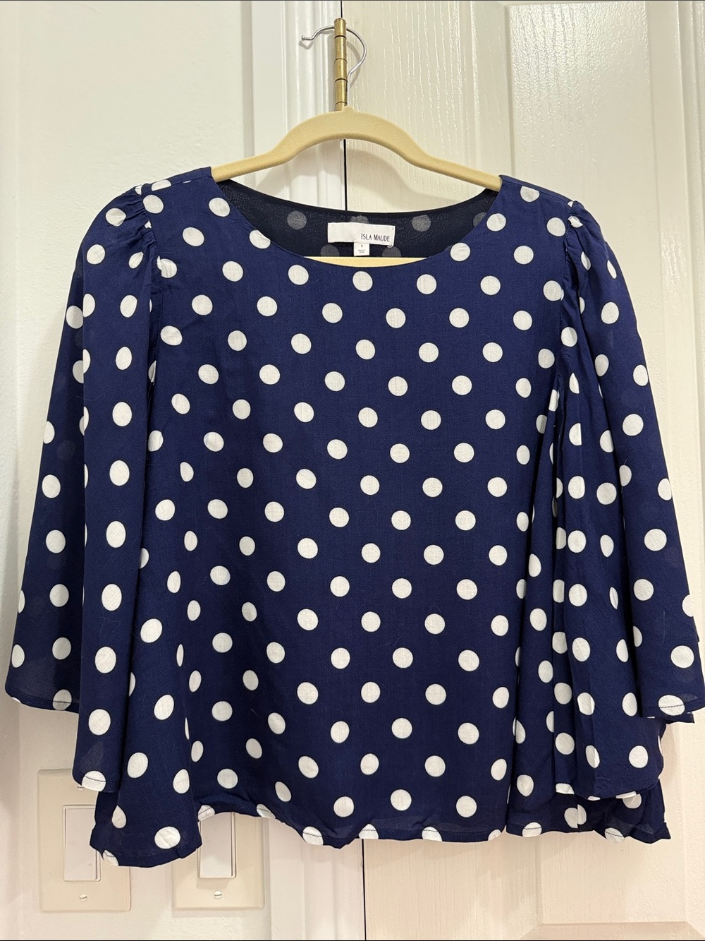 Polka Dot Navy Blouse with Flared Sleeves